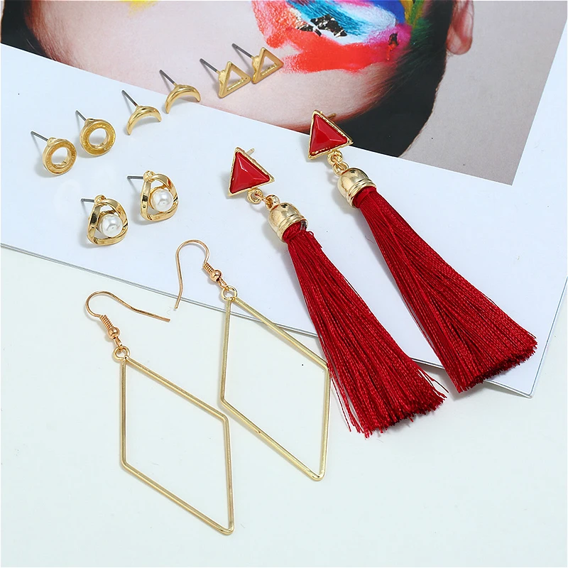 

6pcs Trendy Gold Dangle Earrings For Women Tassel Earrings Simulated Pearl Ear Stud Piercing Statement Earrings Fashion Jewelry