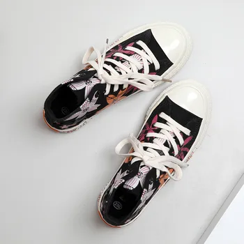 

Women's Shoes Chic Korean Version Summer 2019 New Retro Style Blossom Black Canvas Shoes Flower Printing Beige High Sneakers