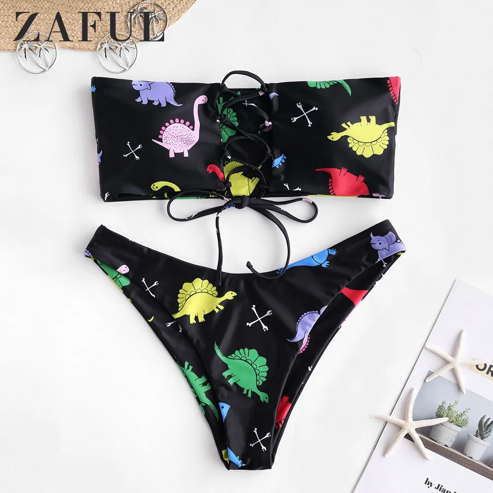  Cute Dinosaurs Print Bandeau Bikinis Women Push Up Swimwear Swimsuit Bathing Suit Beach Wear Sexy T