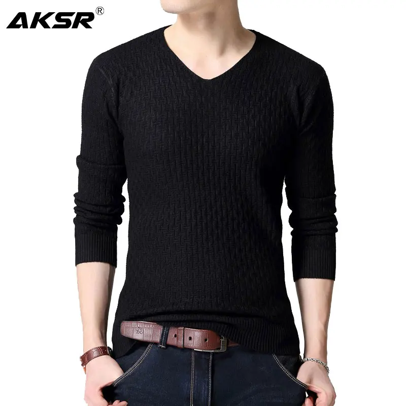 

AKSR Men's Large Size V Neck Sweater Solid Color Wool Cashmere Warm Pullover Jumper Men Knitted Sweater Slim Fit Pull Homme 2019