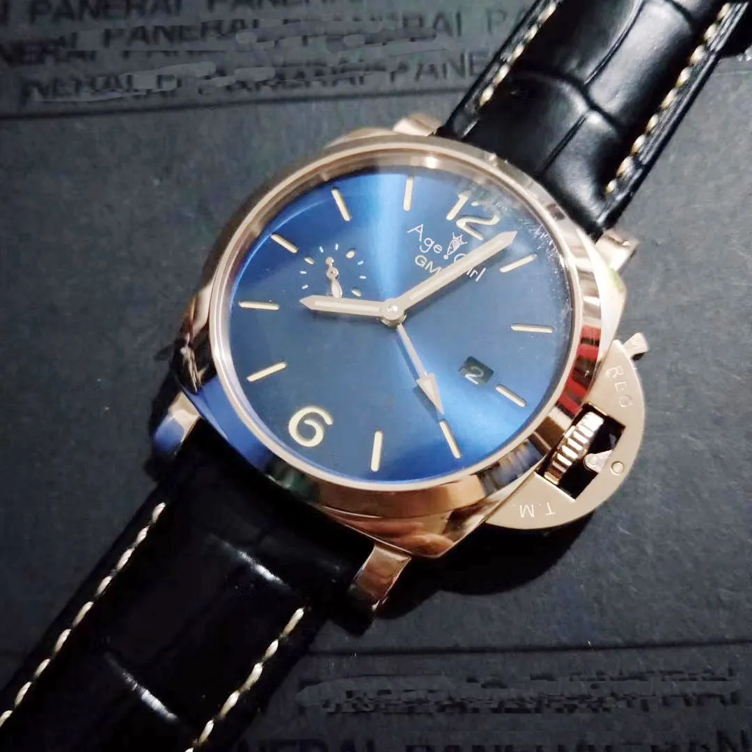 

Luxury Brand New Men Automatic Mechanical Sapphire Black Leather Stainless Steel Rose Gold GMT 1950 3 Days Watch Luminous AAA+