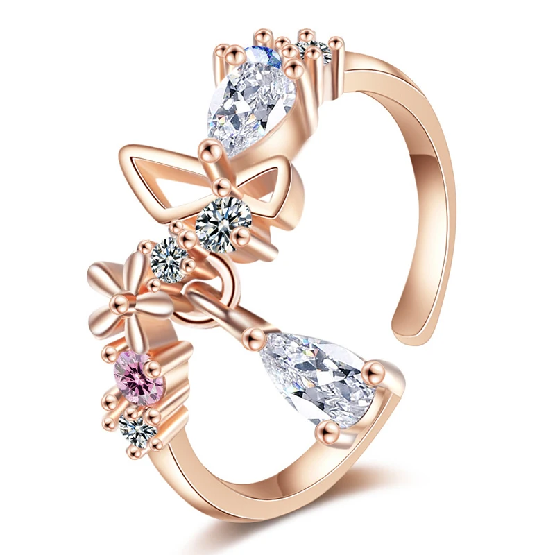 

925 Sterling Silver Pink Cubic Zirconia Water Drop Rose Gold Color Ring For Women Korean Sweet Bowknot Simple Jewelry