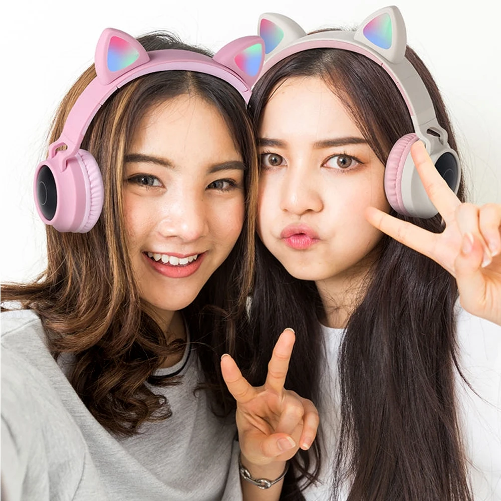 Colorful Lights Cat Ear Wireless Bluetooth Headphones Luminous Head mounted Headset Portable Folding TF Card 3 5mm Plug With Mic