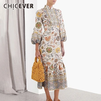 

CHICEVER Vintage Print Dresses Female Stand Collar Lantern Long Sleeve High Waist Ruffle Women's Dress 2020 Fashion Clothing