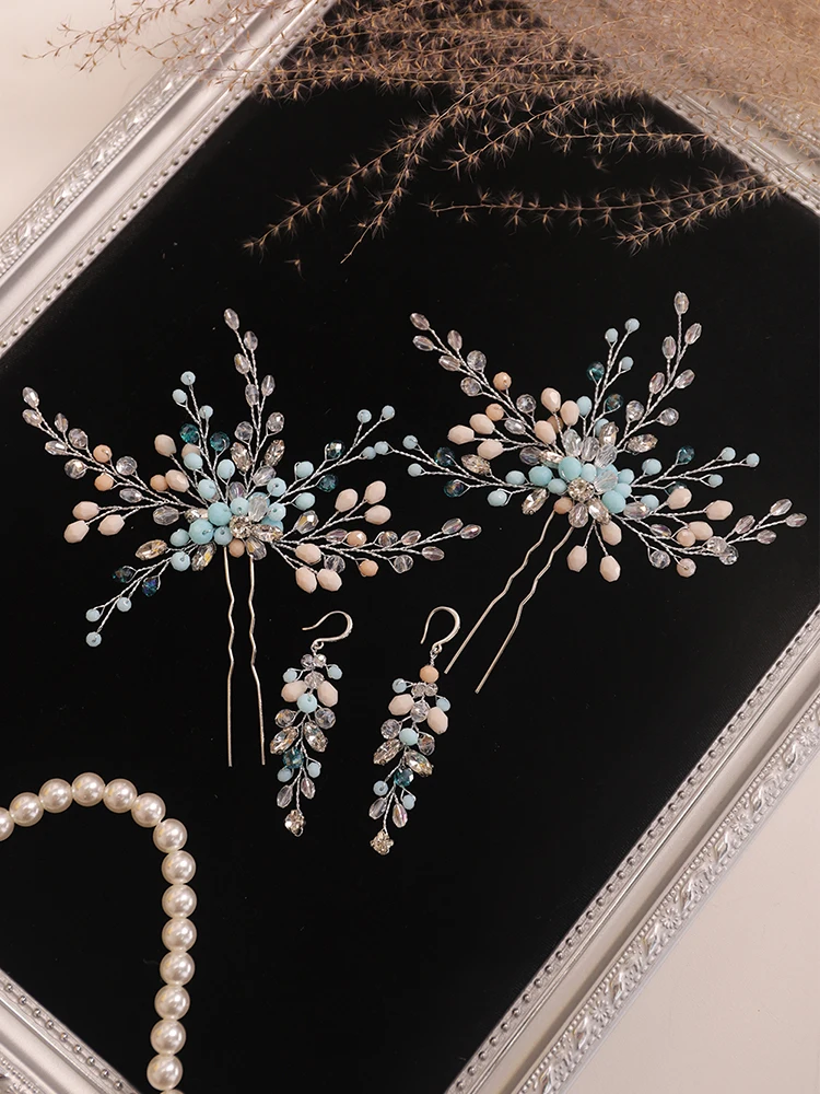 Bohe Wedding Hair Accessories Set Blue Rhinestone Crystal Bride Hair Pin and Earrings Women Ornaments Bridal Headwear