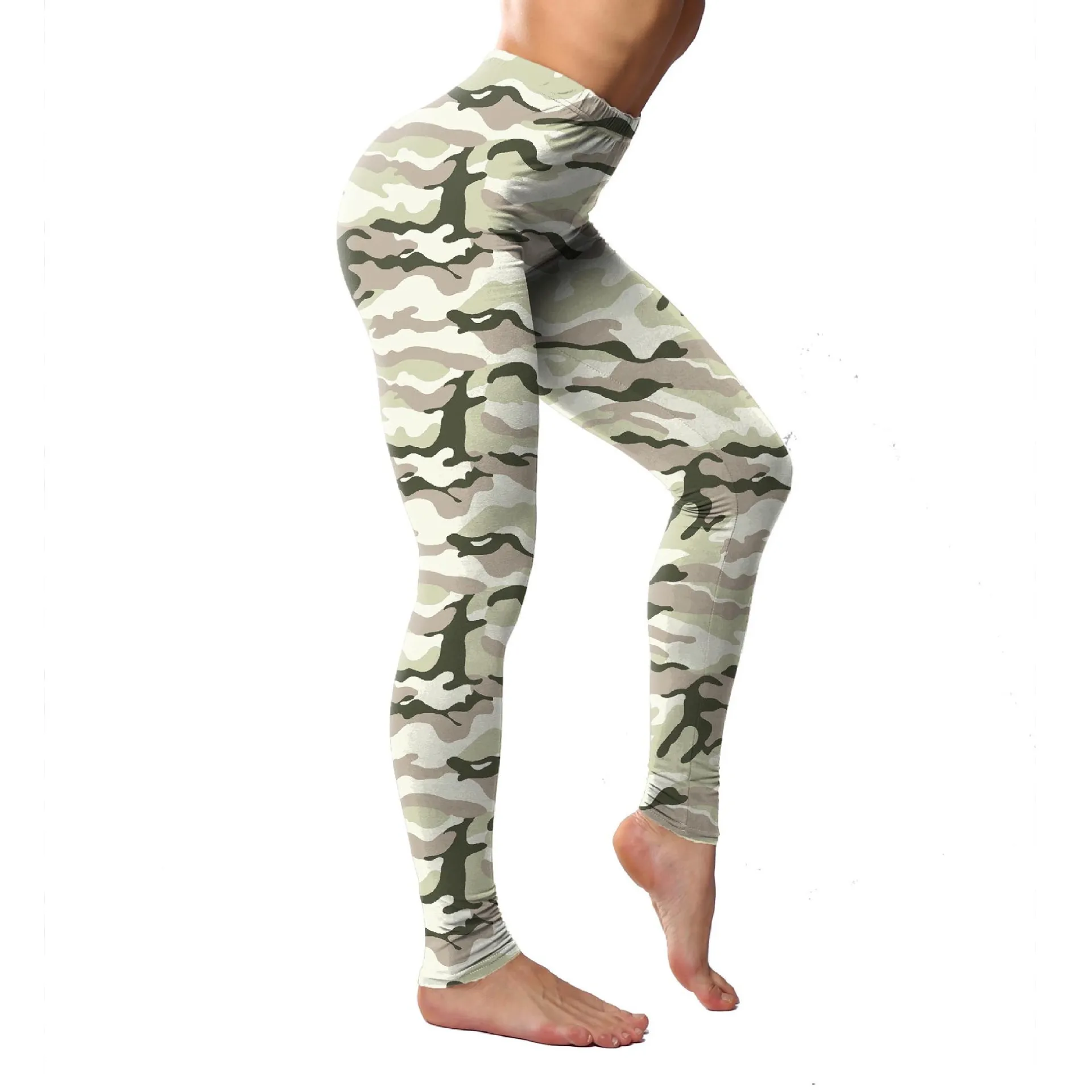 Women Camouflage Print Slim Stretch Trousers High Waist Army Green Leggings Tummy Control Printed Pants For Running Cycling Yoga