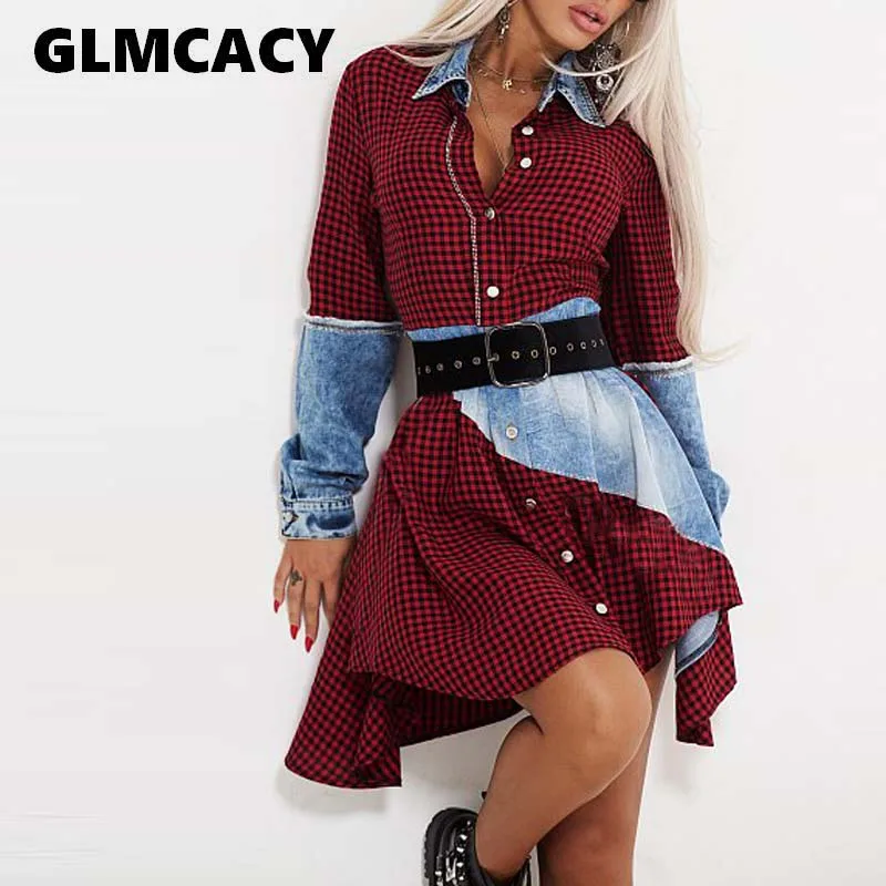 

Women Turn Down Collar Button Shirt Dress Irregular Design Patchwork Dress Chic Hip Hop Streetwear Mini Dress