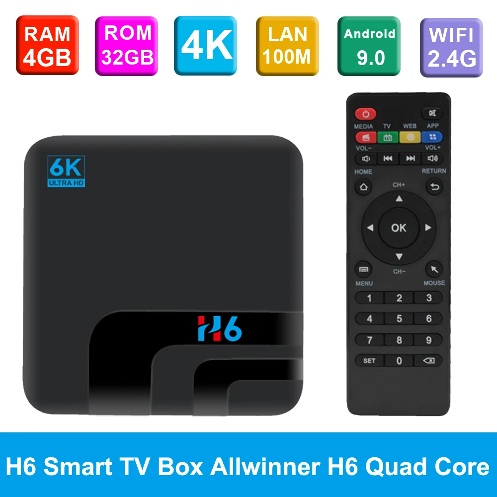 

H6 Smart TV Box 2G/16G 4G/32G Android9.0 Set Top Box Allwinner H6 6K HDR 2.4G WiFi 100M LAN USB3.0 H.265 VP9 UHD 4K Media Player