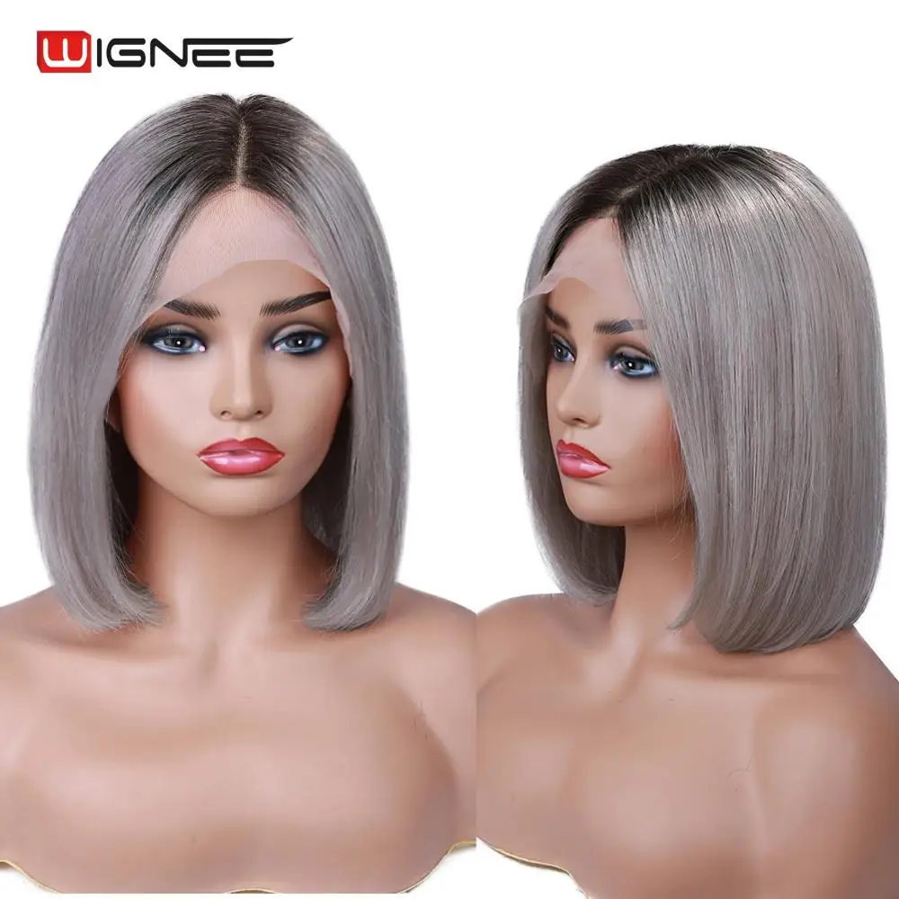 

Wignee Ombre Grey Lace Front Bob Human Wigs For Black Women Straight Virgin Hair 150% Density Glueless Swiss Lace Human Hair Wig