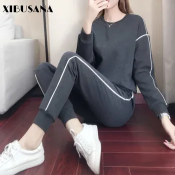

XIBUSANA 2020 Autumn New Women's Tracksuits Casual Solid Long Sleeve O-Neck T-Shirt Elastic Waist Long Pants Two-piece Suit Lady