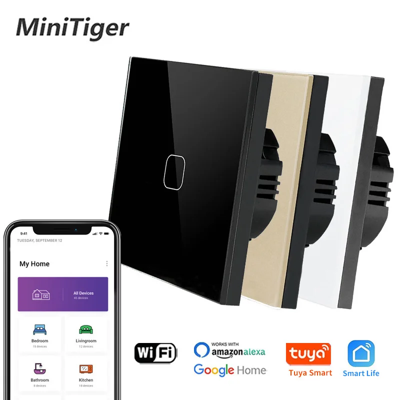 

Minitiger 4 Colors Crystal Glass Panel EU/UK Standard 1/2/3 Gang WIFI Touch Switch Tuya app Control Light Wireless Wall Switch