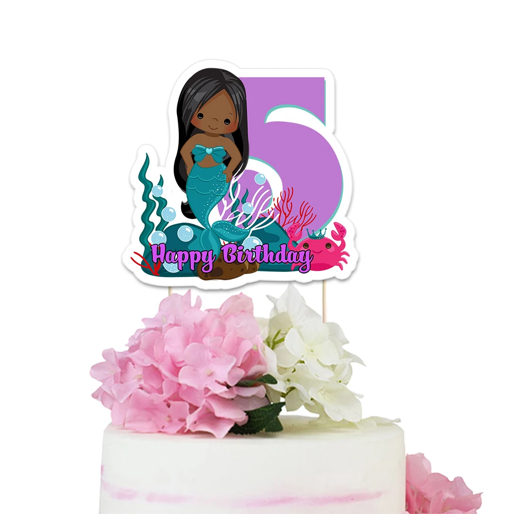 Mermaid Theme Party Paper Cake Topper Black Hair Girl Mermaid Kids Event Birthday Party Decorations Supplies Custom-Made Topper - Цвет: happy birthday5