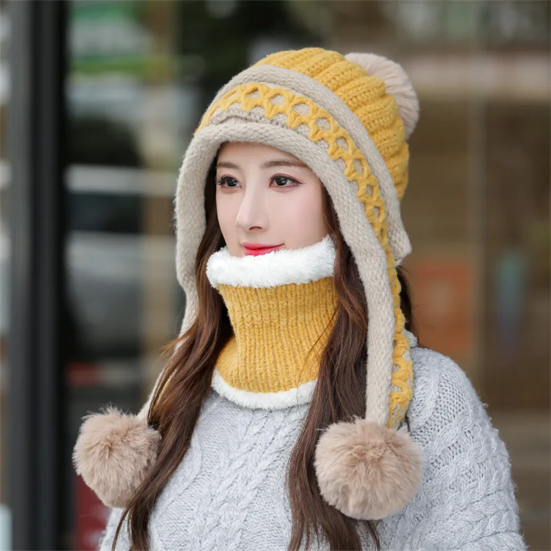 2021 Woolen Hat Women Winter Ear Protection Knitted Hat Bib Two-piece Plus Velvet Warm and Windproof Cycling Hat