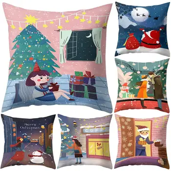 

Christmas Cartoon Figure Santa Snowman Tree Pillow Case Cushion Cover Xmas Decor Pillowcase