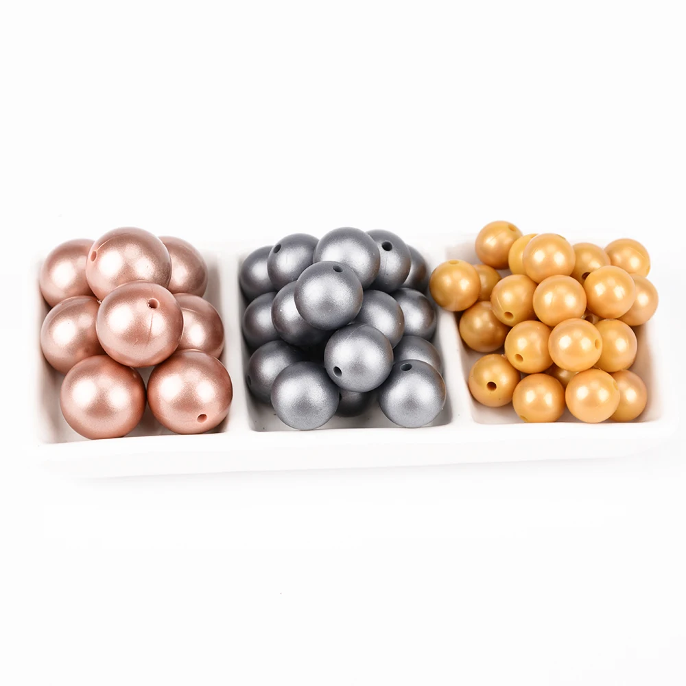 LOFCA Silicone Beads 10pcs Metallic Silver Print 12/15/19mm Teething Beads DIY Chewable Babies Accessories BPA Free Baby Teether