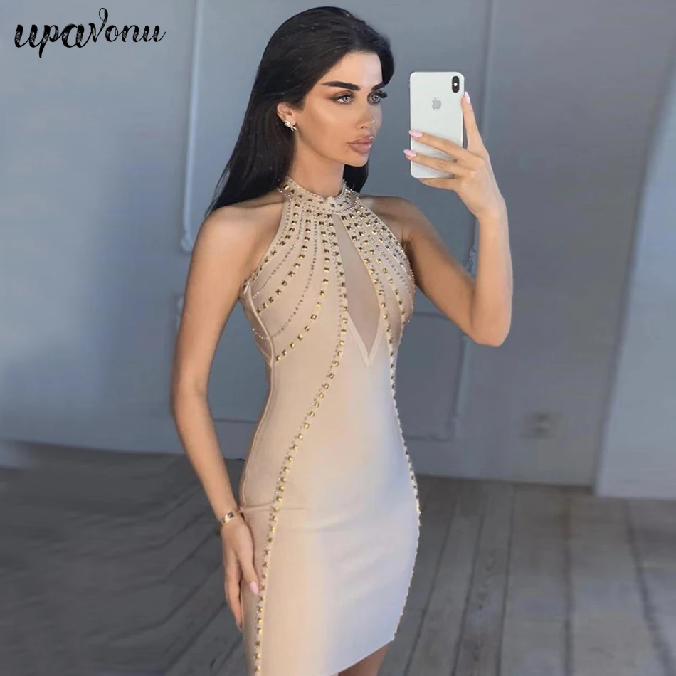 

2019 New Fashion Elegant Rivets Embellished Sexy Tight-Fitting Sleeveless Halter Celebrity Party Women'S Wholesale Bandage Dress
