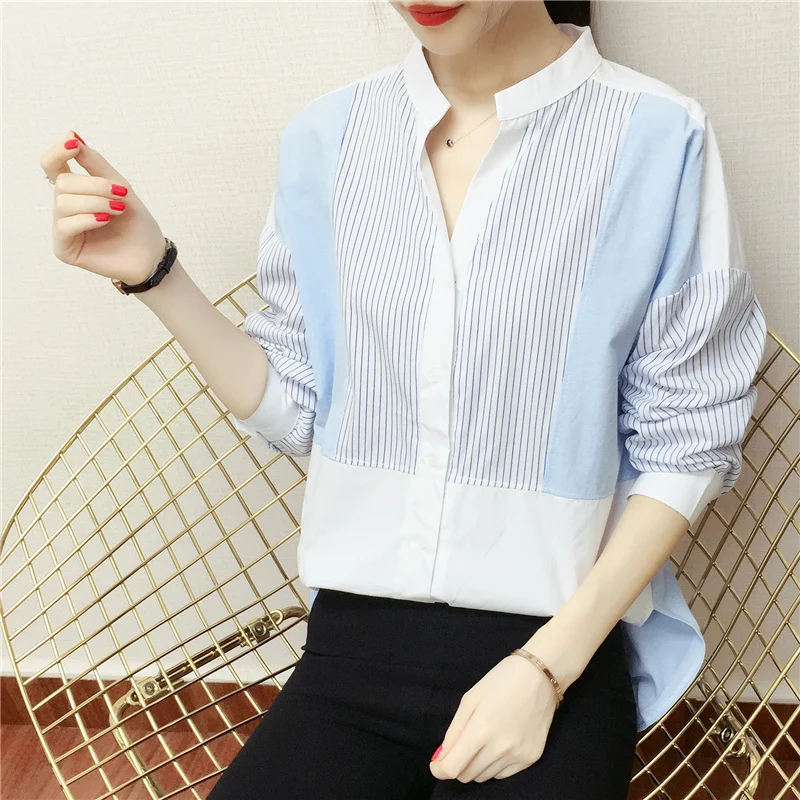 Синий Blusas mujer de moda, женские офисные топы с v-образным вырезом, блузка, женская шифоновая блузка в полоску с длинным рукавом, женские рубашки, женские топы C377 - Цвет: Синий