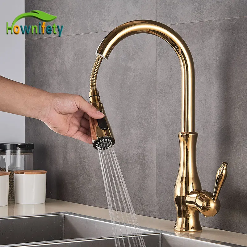 Golden Kitchen Faucets Pull Out Mixer Sink Tap 360 Rotation Single Handle Water 2-way Sprayer Mixer Tap