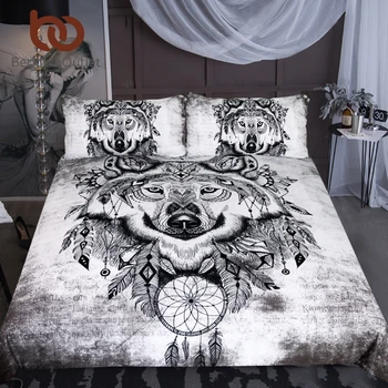 

BeddingOutlet Tribal Wolf Bedding Set Queen Dreamcatcher Duvet Cover Set Animal Home Textiles Feathers Black White Bedclothes