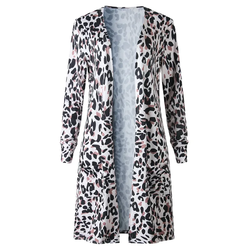 Wuhaobo леопардовые пальто куртки для женщин повседневные открытые сшитые осенние сексуальные длинные пальто Casaco Feminino уличная