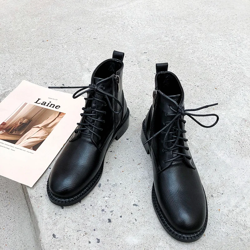 

2019 Women Fall Boots Flat Leather Boots Women's Zipper Round Head Short Warm Boots Martin Boots Waterproof Motorcycle Boots