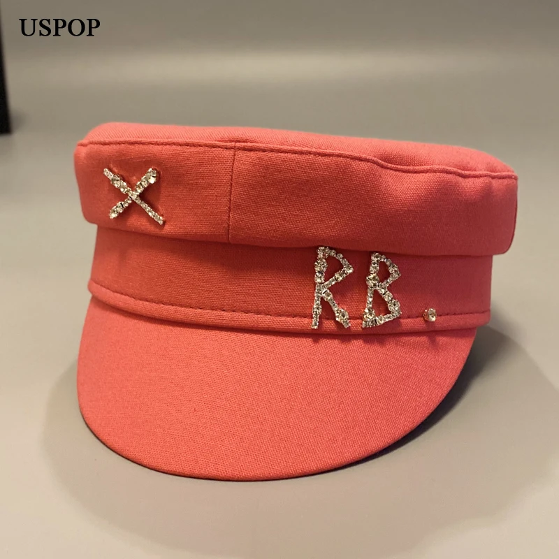 USPOP Cotton and Linen Rhinestone Letter Newsboy Caps Women Flat Militray Caps cotton newsboy cap