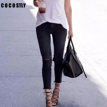 

Women's Ripped Jeans Slim Fit Pocket Trousers Hole Black Jeans Elastic Midi Waist Casual Pants Female Pantalon Mujer