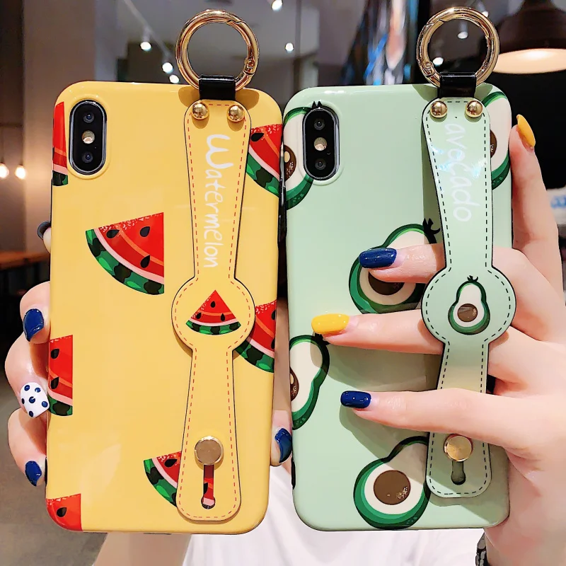 

Phone Holder Case For iphone X Xs max XR 7 8 plus Case Cute Avocado watermelon Wrist Strap Soft TPU Glossy Cases Cover Anti-fall