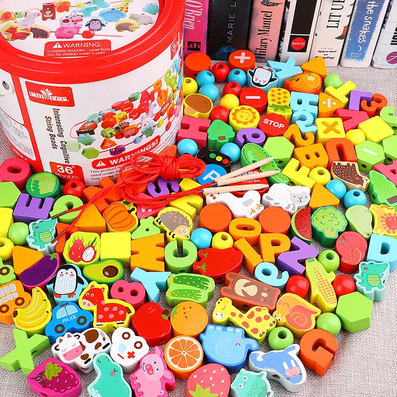 

Children Beaded Bracelet Sub-Toy Building Blocks Boy Handmade Threading Wooden 3 Baby Bead-stringing Toy Colorful Box 1-2 a Year
