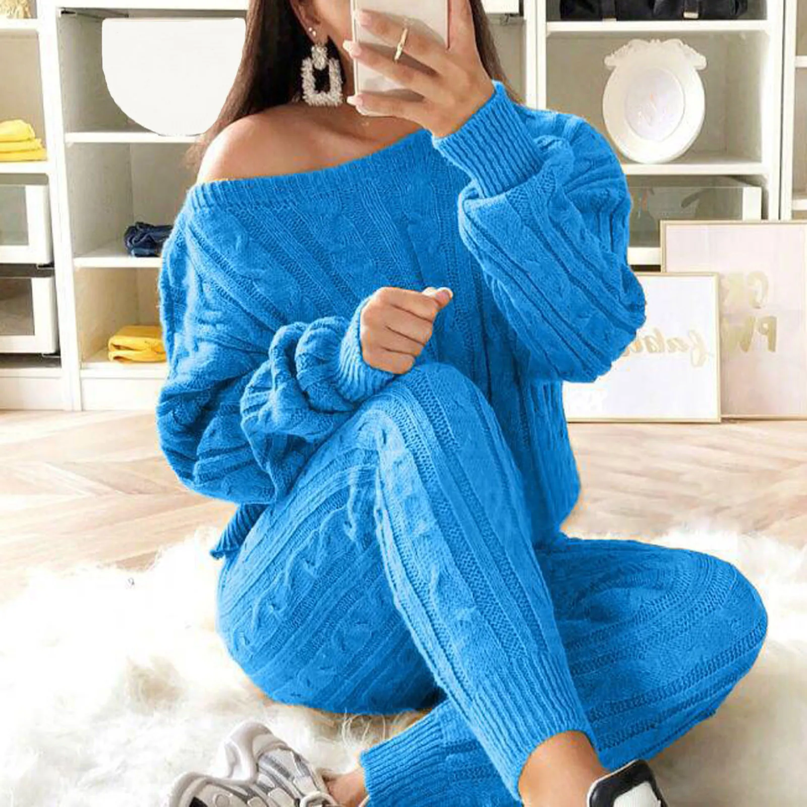 Plus Size 5xl Women Two Pieces Set Casual Solid Color Knitted Long Sleeve O-neck Sweater And Trousers Suit Women's Clothing#fs 1