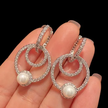 

Sliver circle in circle pearl pendant earrings INS style pearl full zircon multi-layered earrings for women wedding and party