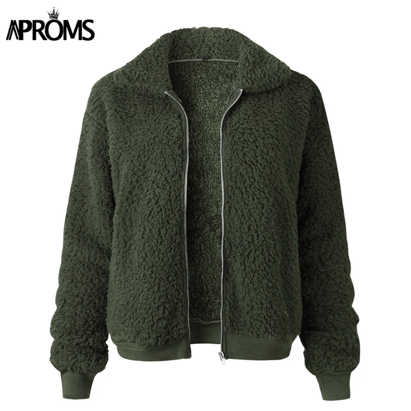Finest  Aproms Elegant Khaki Loose Teddy Jacket Women Winter Solid Color Zipper Warm Coats Autumn Streetwea