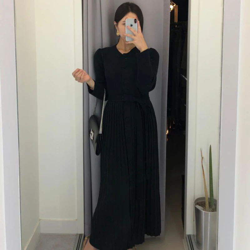 TVVOVVIN New Fashion Autumn Winter Round Collar Knit Dress Women Belt Pleated Slim Casual Solid Vestidos Female Tide B725