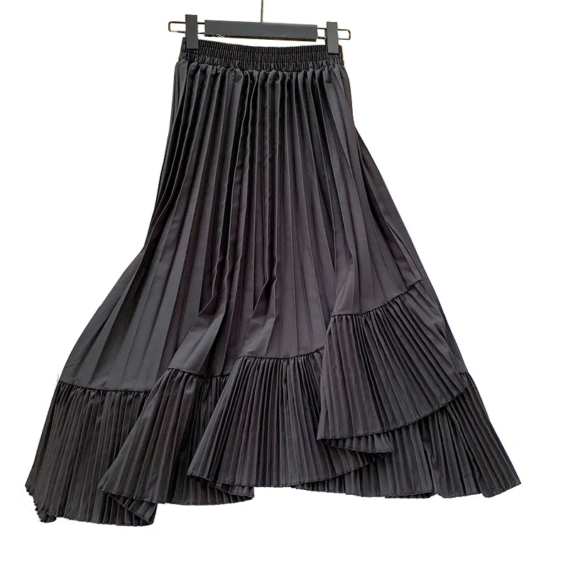 

Pleated Long Skirt Women 2019 Autumn Winter New French Elegant High Waist A-Line Irregular Hem Midi Skirts Women Long Skirts