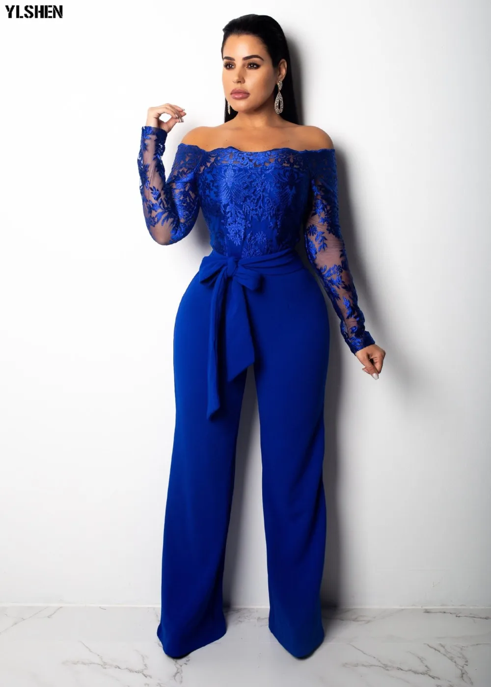 Women Jumpsuit Sexy Lace Ladies Jumpsuits Party Casual Wide Leg Overalls Off Shoulder Long Sleeve Romper Skinny Rompers Trousers 10