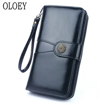 

OLOEY Women Wallet 2019 Wax Oil Leather Female European and American Vintage Large capacity Cell Phone Bags Oil skin Card Wallet