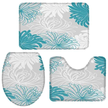 

3 Pieces Bathroom Set Floral Blue Chrysanthemum Bath Set Toilet Cover Mat Pedestal Rug Non-Slip Bathroom Rug Set