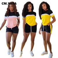 CM.YAYA Active Patchwork Sweatsuit Women’s Set Tee Tops and Shorts Matching Set Jogger Tracksuit Two 2 Piece Set Fitness Outfit