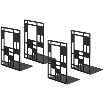 

2 Pair Book Divider Decorative Holder Metal Heavy Duty Bookend Black Abstract Art Desgin Book Stopper