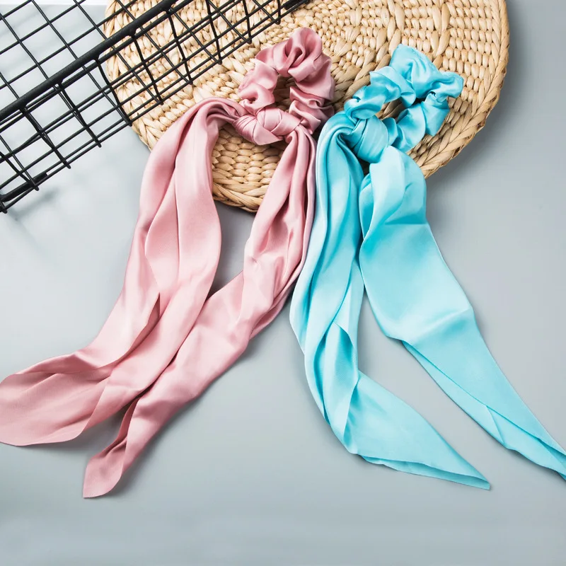 Hot Selling Hair Band Super-Long Large Intestine Ring Silk Scarves Ribbon Satin Solid Color Big Tail |