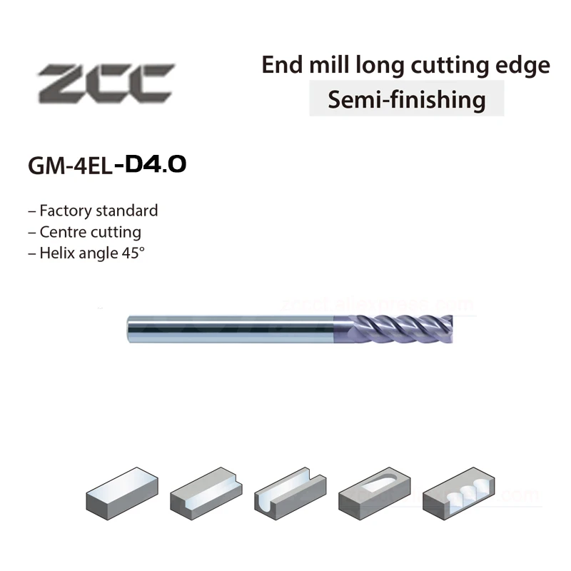 

10pcs ZCC 4mm solid carbide end mill GM-4EL-D4.0 D4*6d*15H*75L longer work length cnc machine milling cutter 6 mm shank