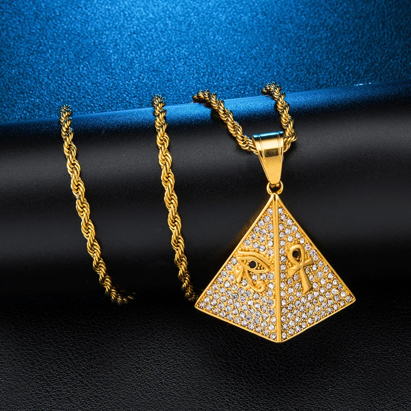 Хип хоп Iced Out Bling AAA + CZ глаз Хоруса крест АНХ ожерелье s Нержавеющая сталь Пирамида