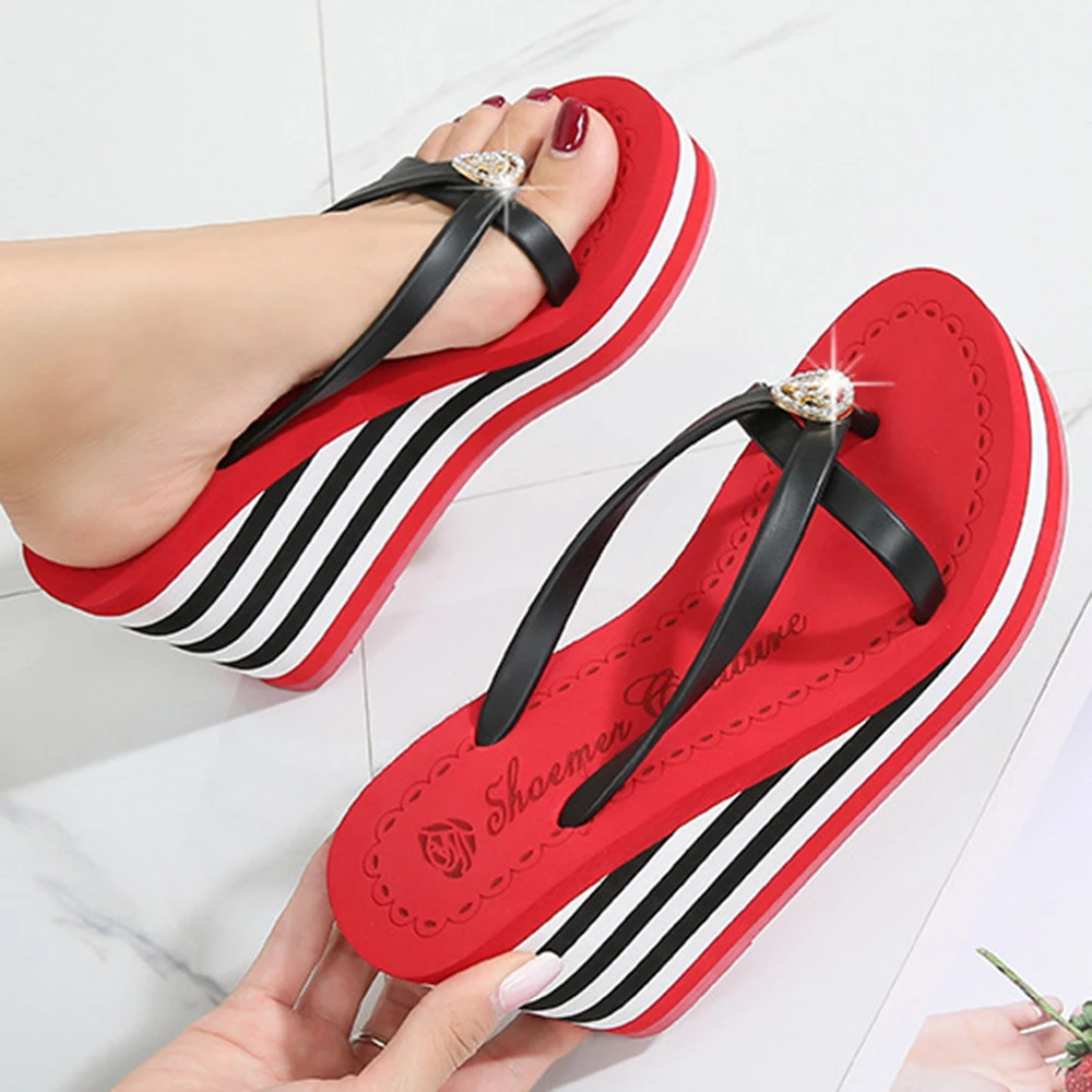 

Women Slippers Summer Beach shoes Casual Women new flip flops stripe Platform Rhinestones Wedges Slippers zapatos de mujer sh318