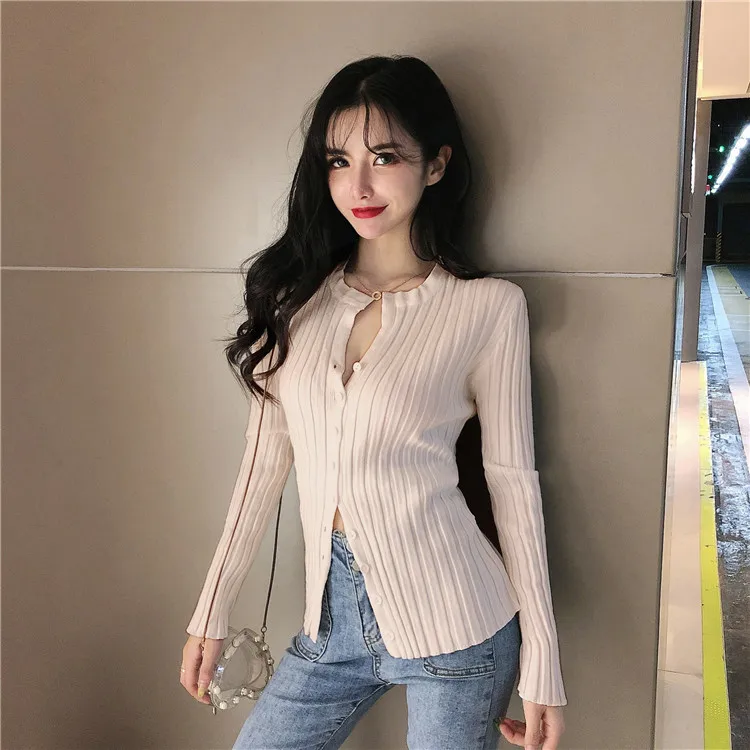 Autumn Winter Women Cardigans Single Breasted Buttons Slim Long Sleeve Stretchy Knitted Jumper Tops Jacket M9N296 - Color: Apricot sweater