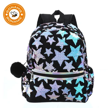 

BONAMIE Women Sequins Star Backpack BlingBling Cartoon Backpack Black Female Student Casual Girl School Bag Large Capacity Bag