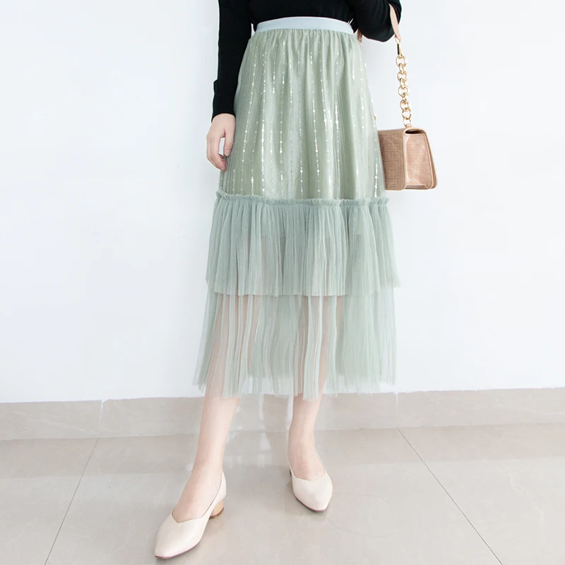 REALEFT High Waist Elastic Midi Skirts New Arrivals Autumn Spring Mesh Patchwork Fashion Pleated Skirts Female - Цвет: Green