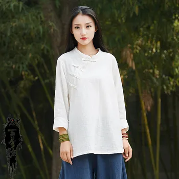 

Spring summer 2020 cotton and linen women blouses new corrugated plate buckles long-sleeved shirts BXF2315