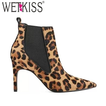 

Women Fuax Suede Leopard Ankle Boot Mid Stiletto Heel Side Elastic Pointed Toe Party Work Chelsea Boot Fashion Party Dress Shoes
