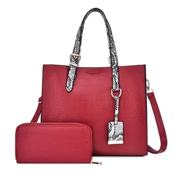 

2Pcs/Set Women Tote Wallet Splicing Color Handbag Designer Leather Ladies Shoulder Bag Large Capacity Crossbody Bag
