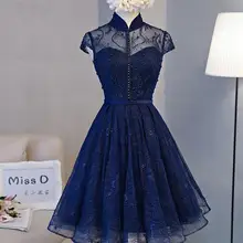 Платья для выпускного вечера с высоким воротом, жемчугом и кружевами длиной до колена,, с аппликацией из бисера, а-силуэт, Короткие вечерние платья для выпускного